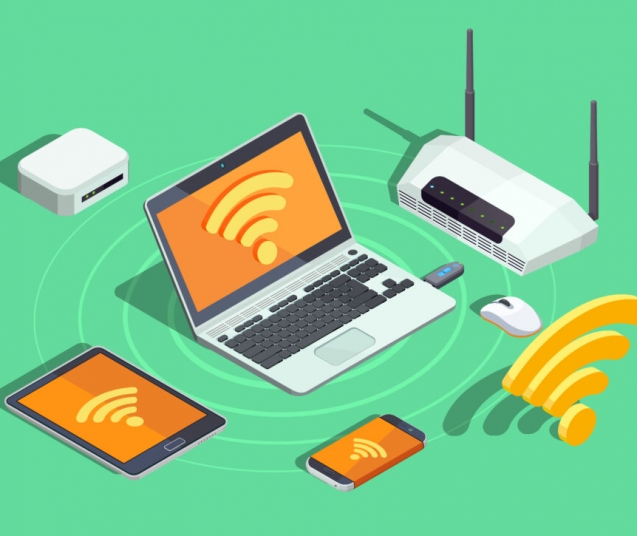 Wireless technology devices isometric poster with laptop printer smartphone router and wifi internet connection symbol vector illustration